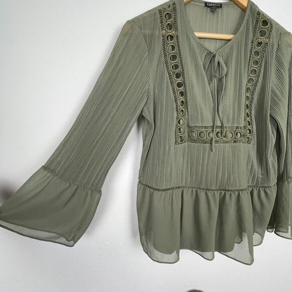 Express Green Crinkle Bell Sleeve Peplum Top Size S Y2K Forest Fairy Boho - Picture 3 of 6